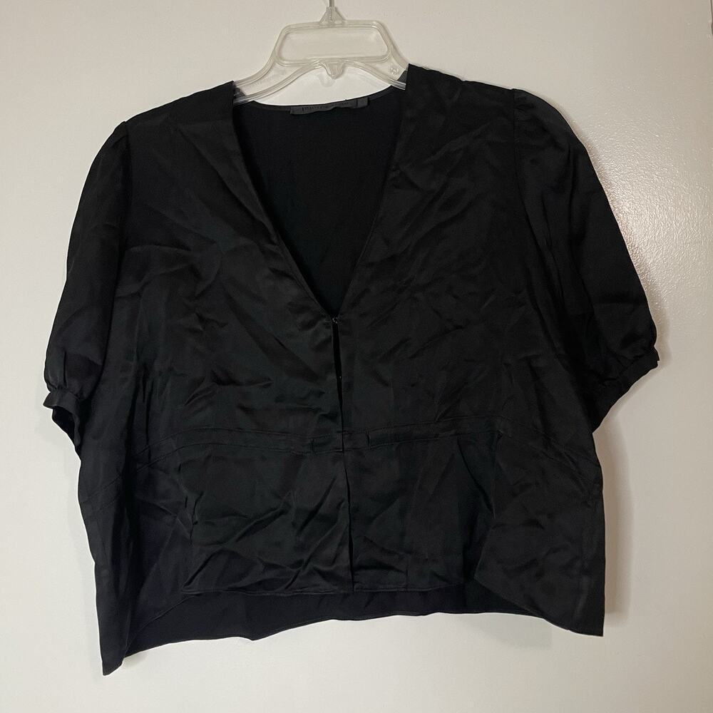 Jenni Kayne sawyer black satin vneck button front short sleeve top xs -read